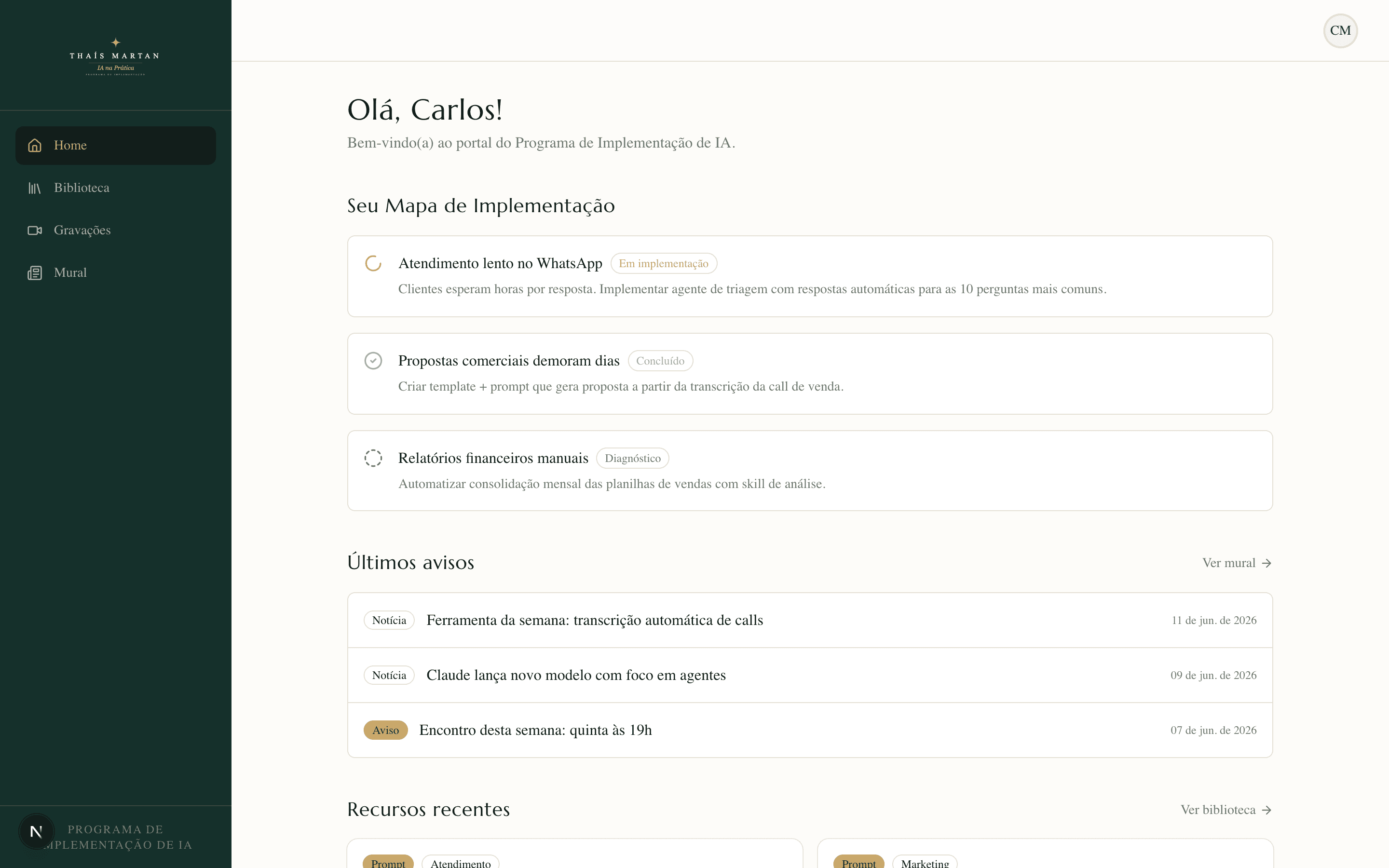 Tela do portal privado da turma: biblioteca de recursos e gravações